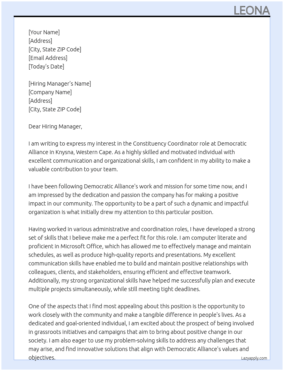 constituency coordinator At Democratic Alliance Cover Letter