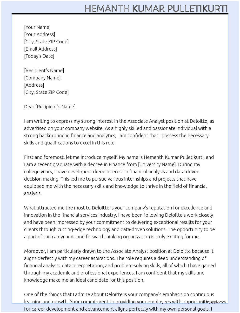 Associate Analyst At deloitte Cover Letter