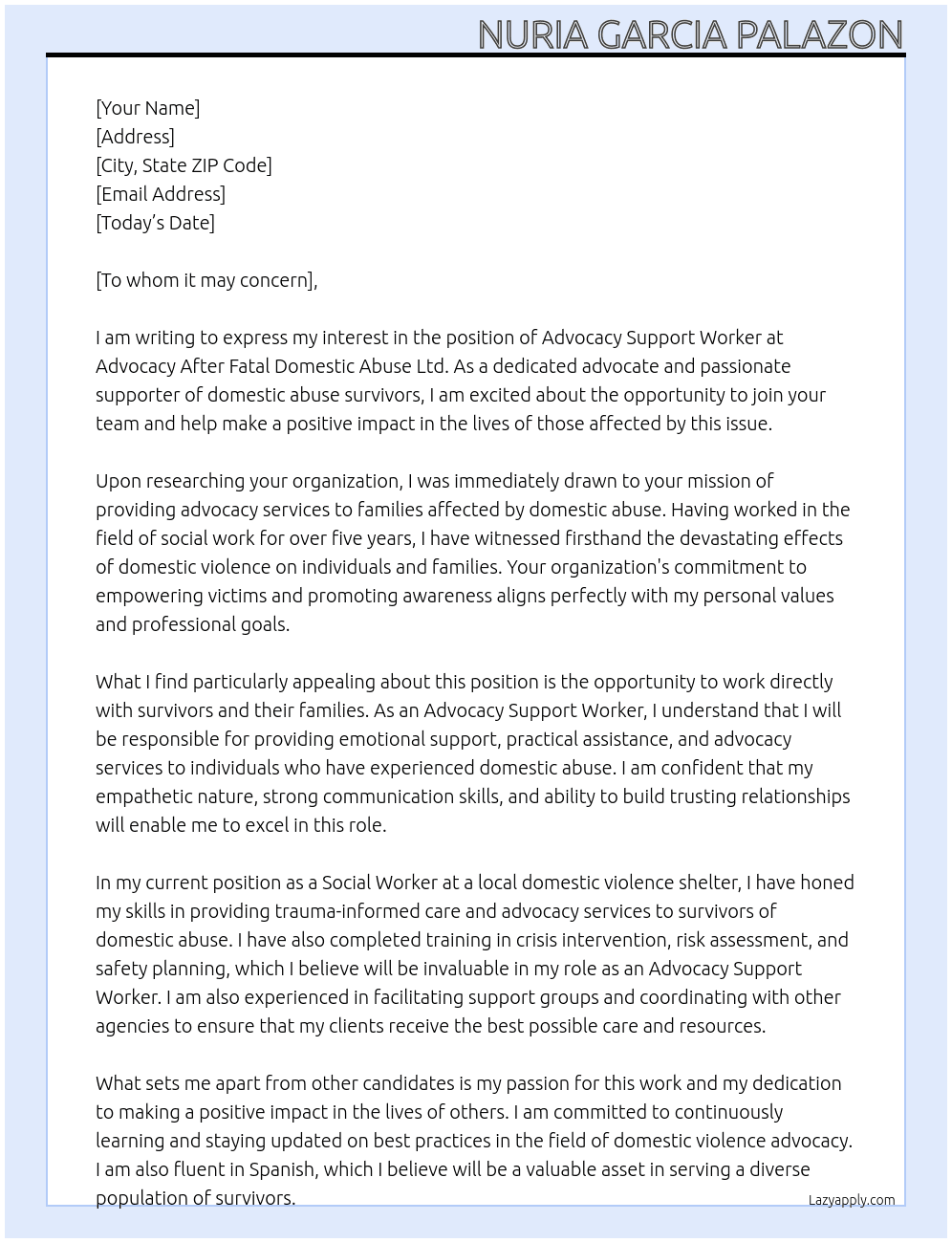 Advocacy Support Worker At Advocacy After Fatal Domestic Abuse Ltd Cover Letter