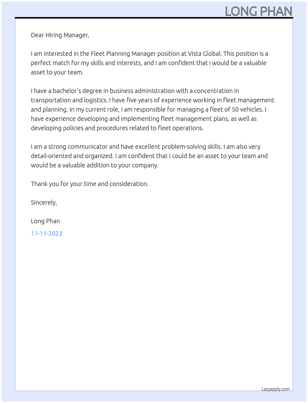 Fleet Planning Manager At Vista Global Cover Letter
