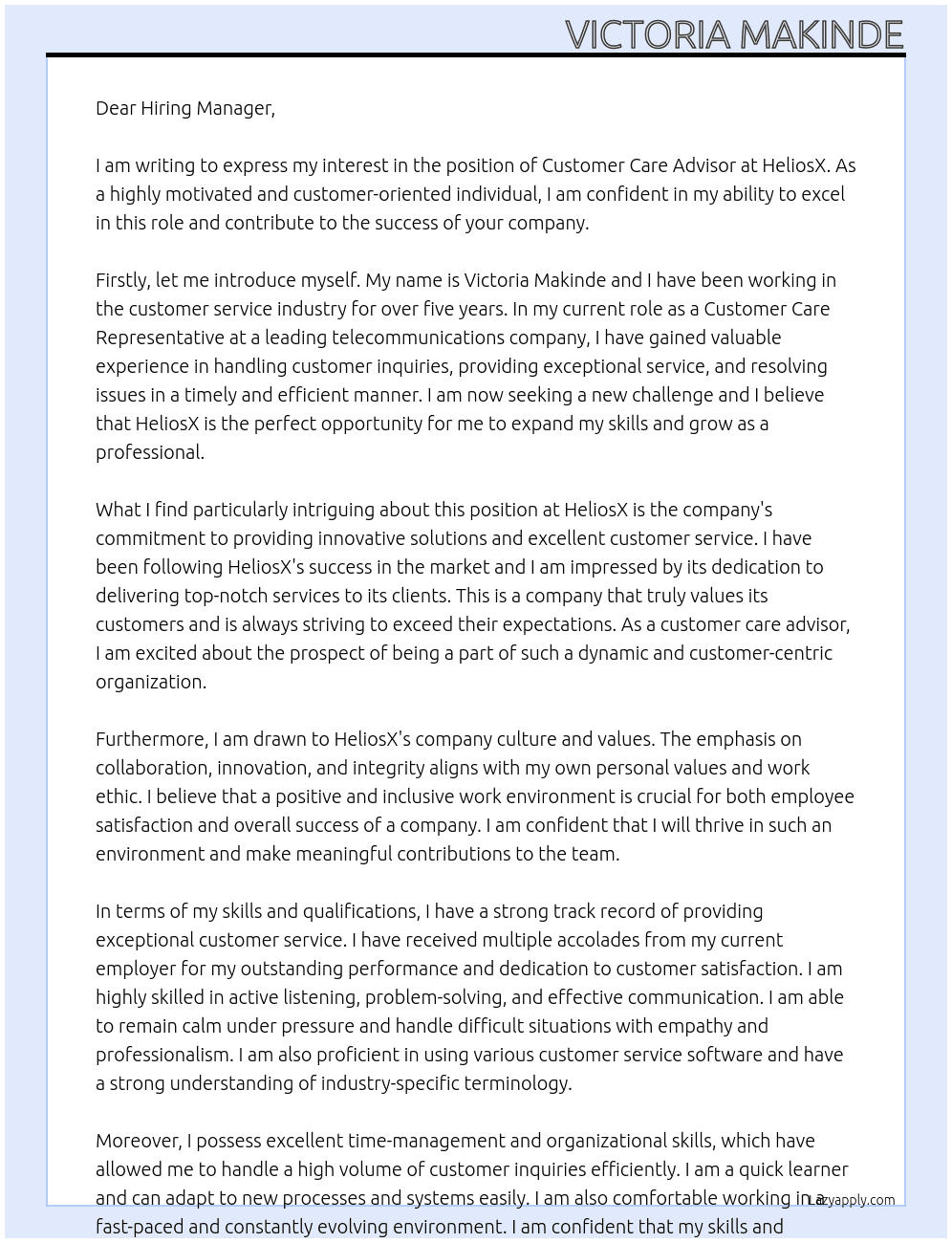 Customer Care Advisor At  HeliosX Cover Letter