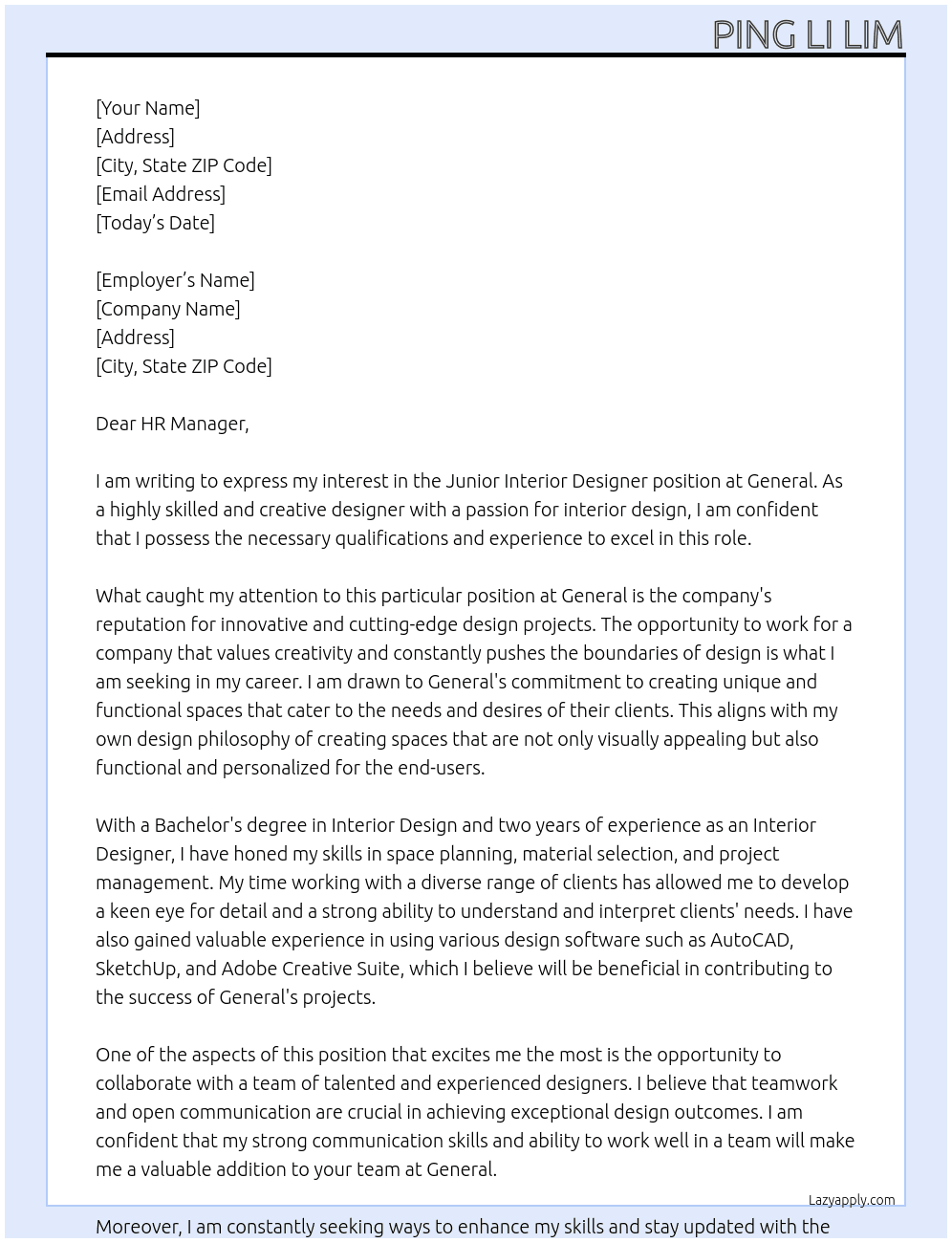 Junior Interior Designer At General Cover Letter