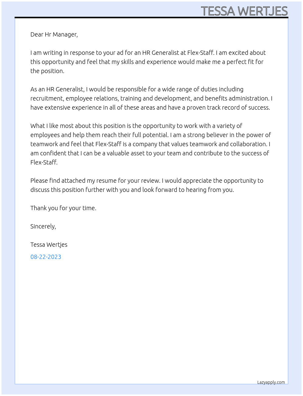 HR Generalist  At Flex-Staff Cover Letter