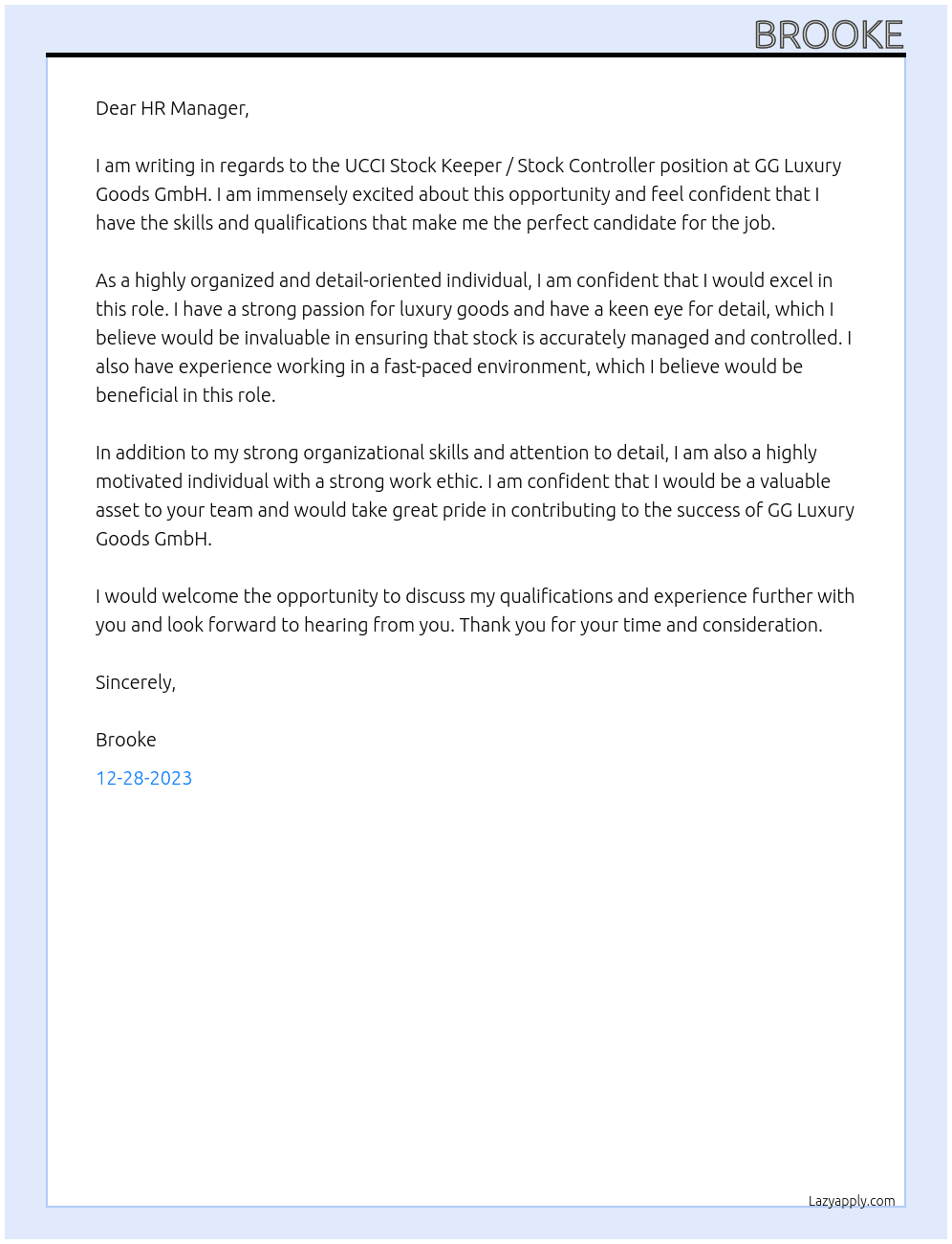 UCCI Stock Keeper / Stock Controller At GG Luxury Goods GmbH Cover Letter
