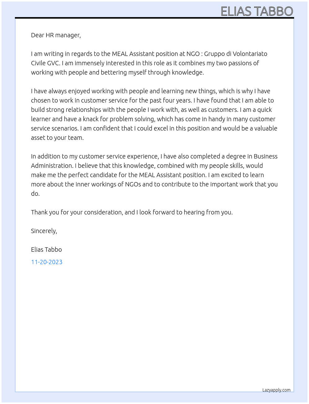 MEAL Assistant At NGO : Gruppo di Volontariato Civile GVC Cover Letter