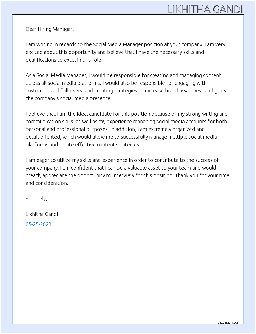 Social Media Manager At in your company Cover Letter