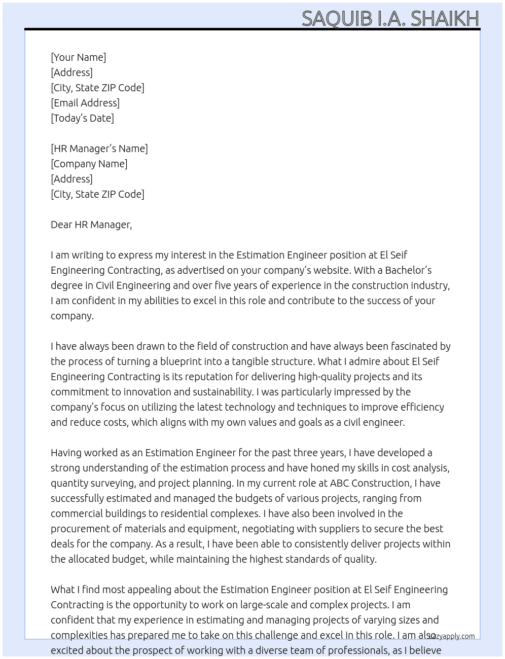 Estimation Engineer (Civil Construction) At El Seif Engineering Contracting Cover Letter