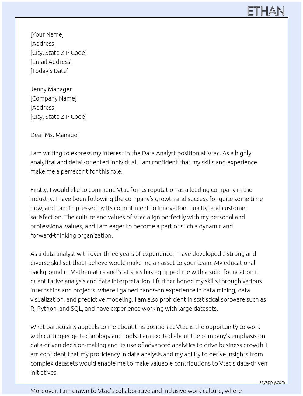 Data analyst  At Vtac Cover Letter