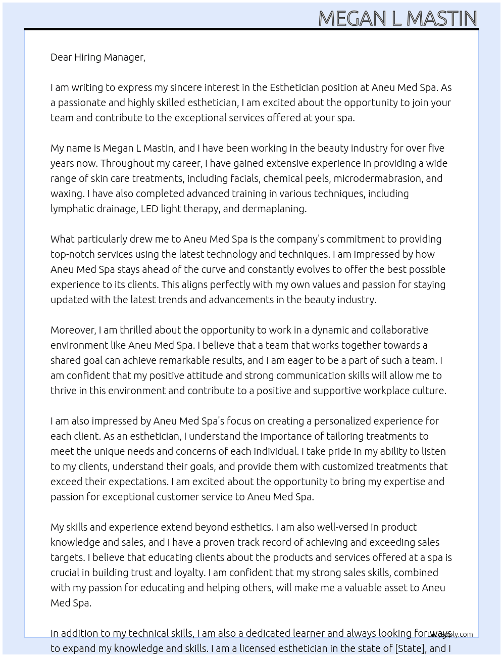 Esthetician  At Aneu Med Spa Cover Letter