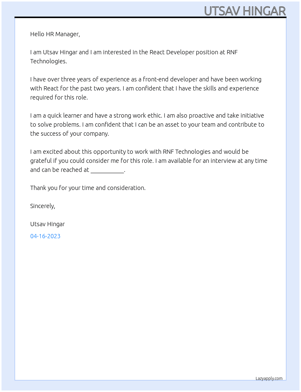 React Developer At RNF Technologies Cover Letter