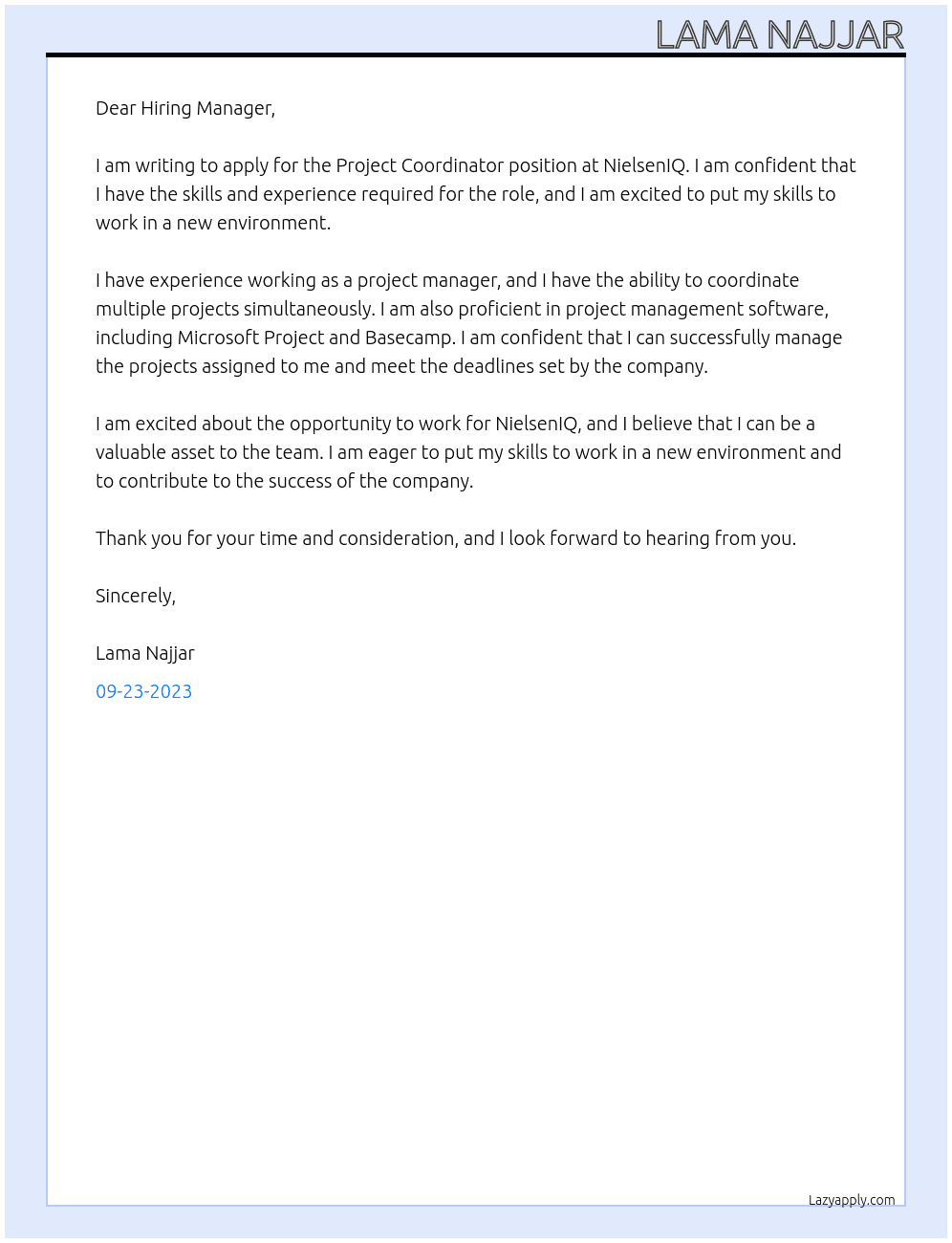 Project Coordinator  At NielsenIQ Cover Letter