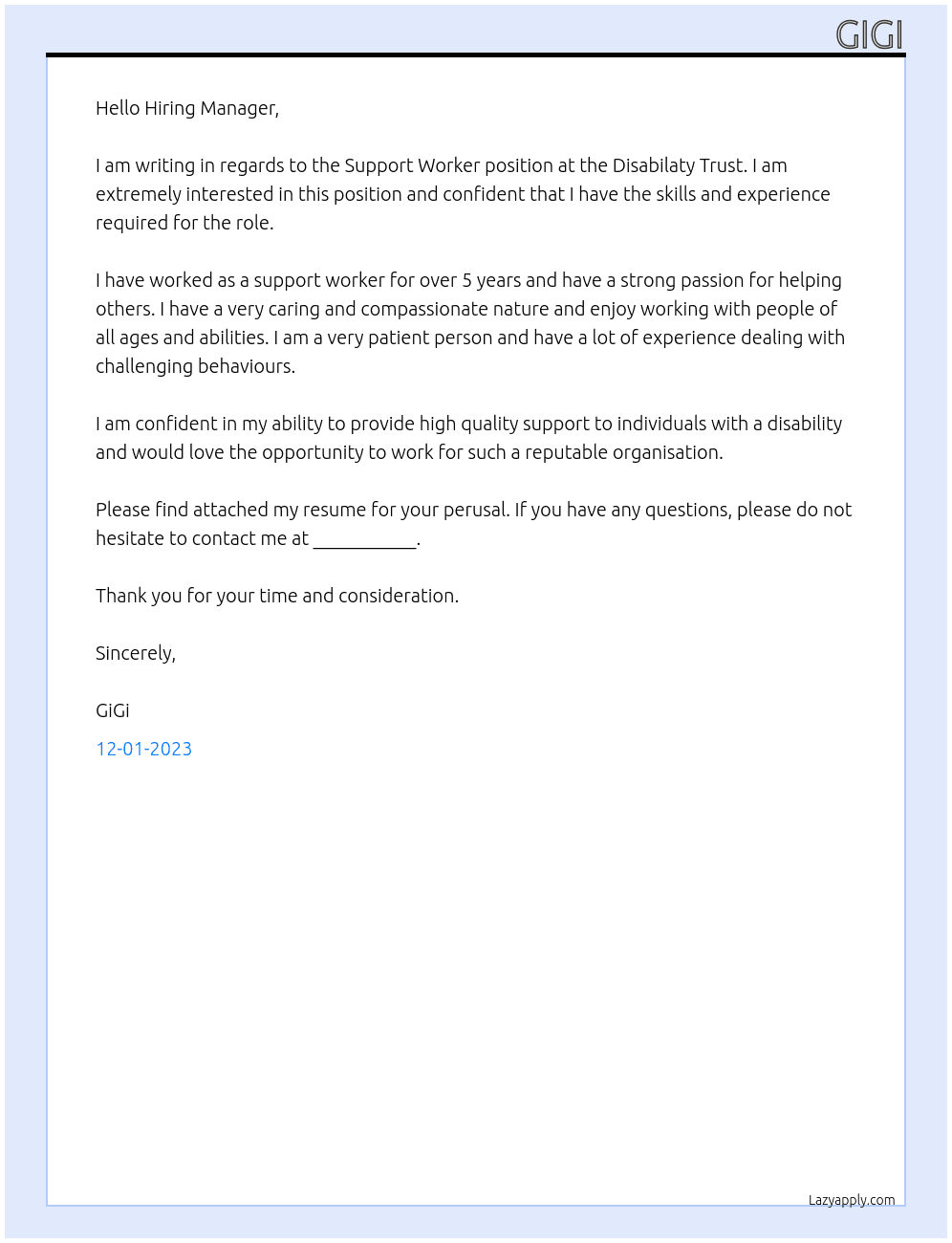 Support worker At Disabilaty Trust Cover Letter