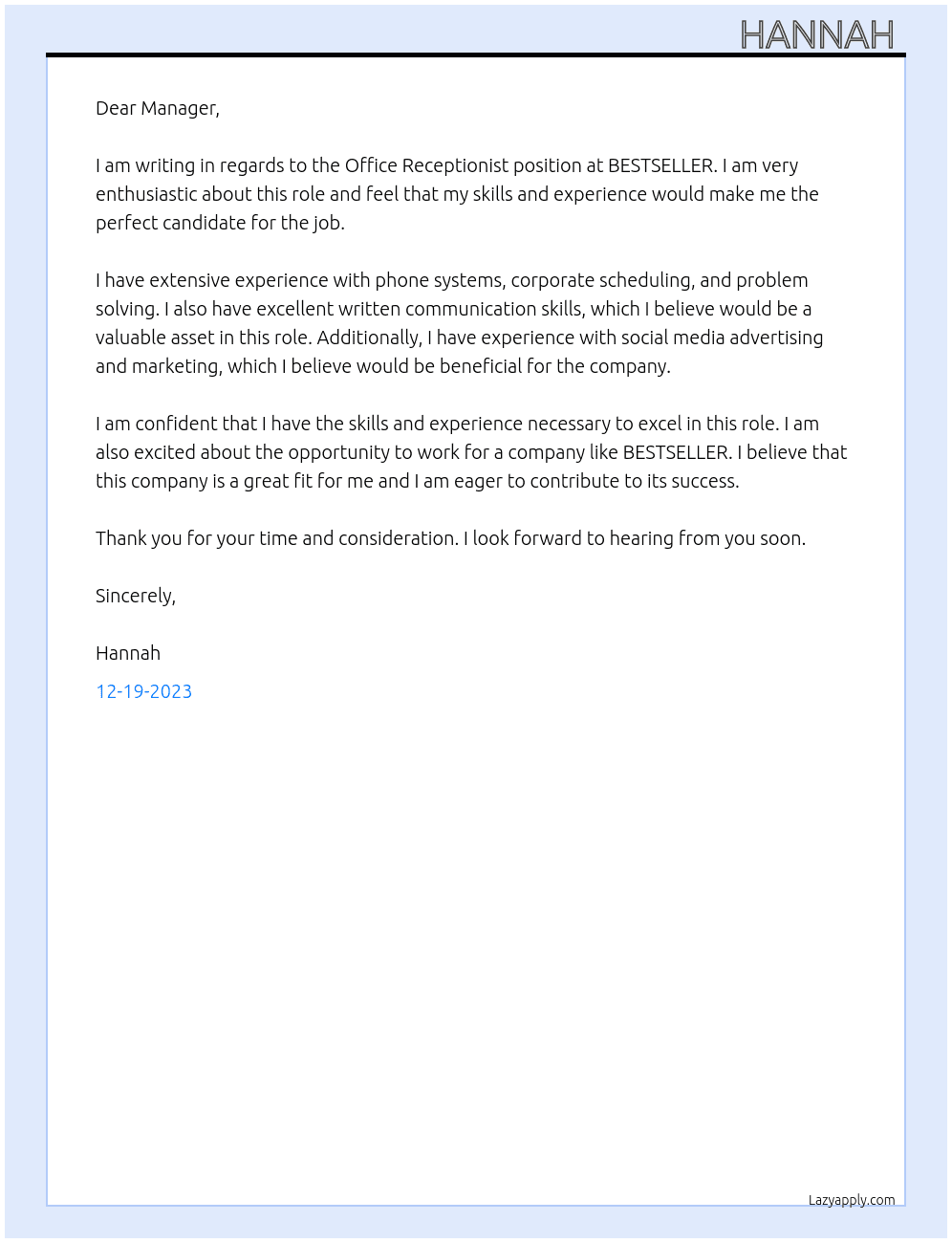 Office Receptionist At BESTSELLER Cover Letter