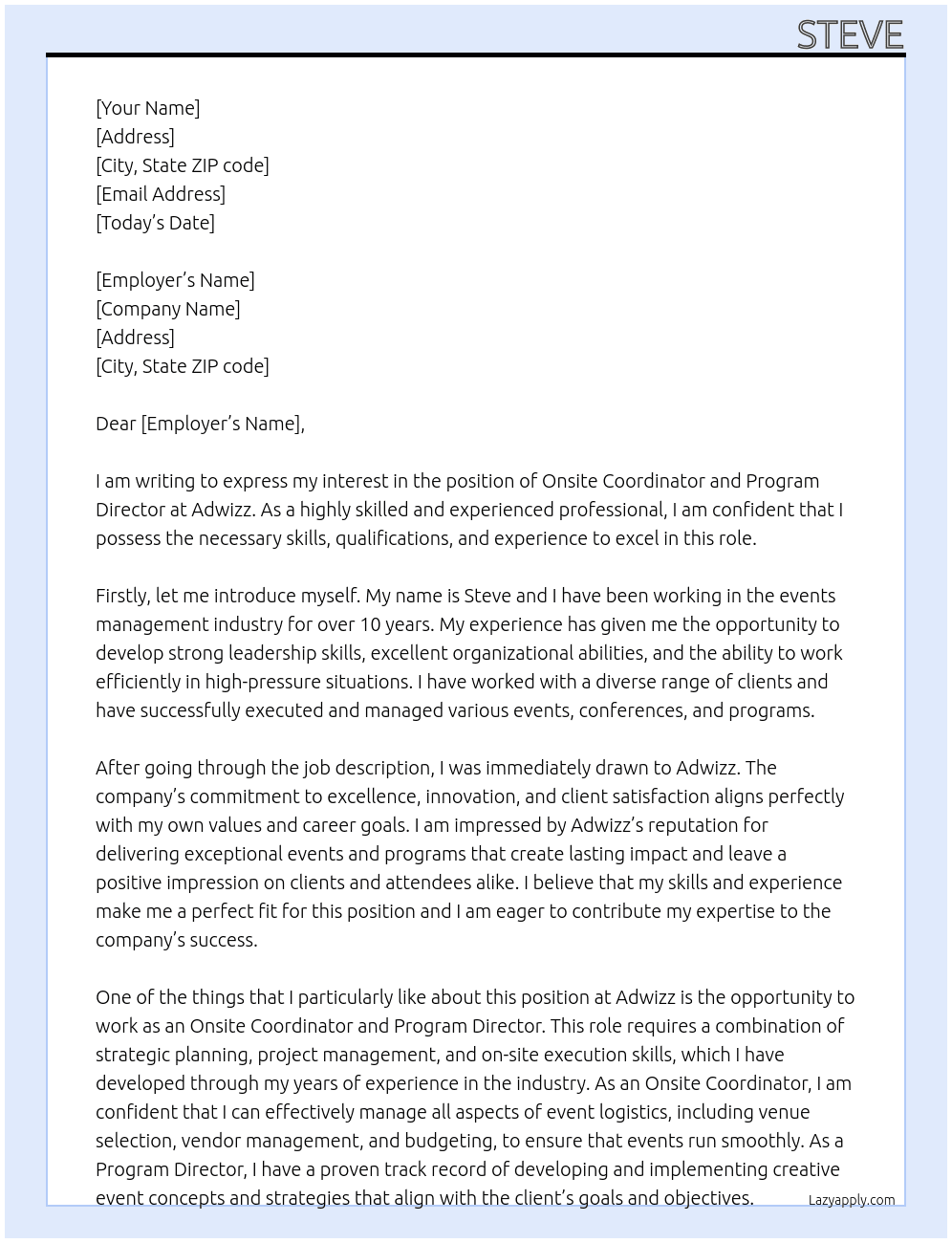 Onsite Cordinator, Program Director At Adwizz Cover Letter