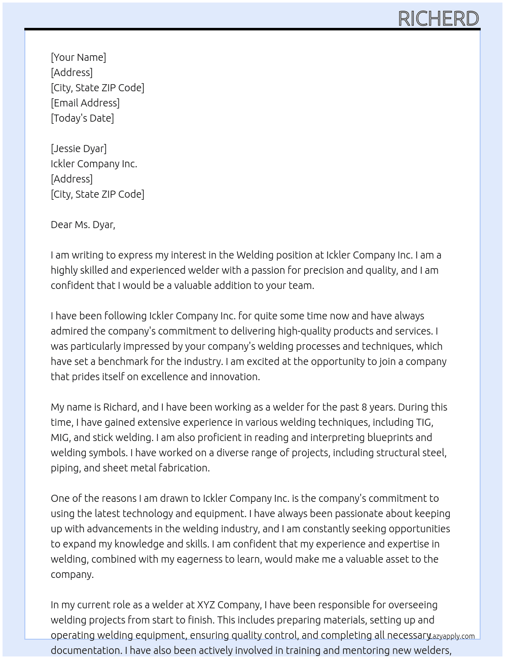 welding At Ickler Company Inc. Cover Letter