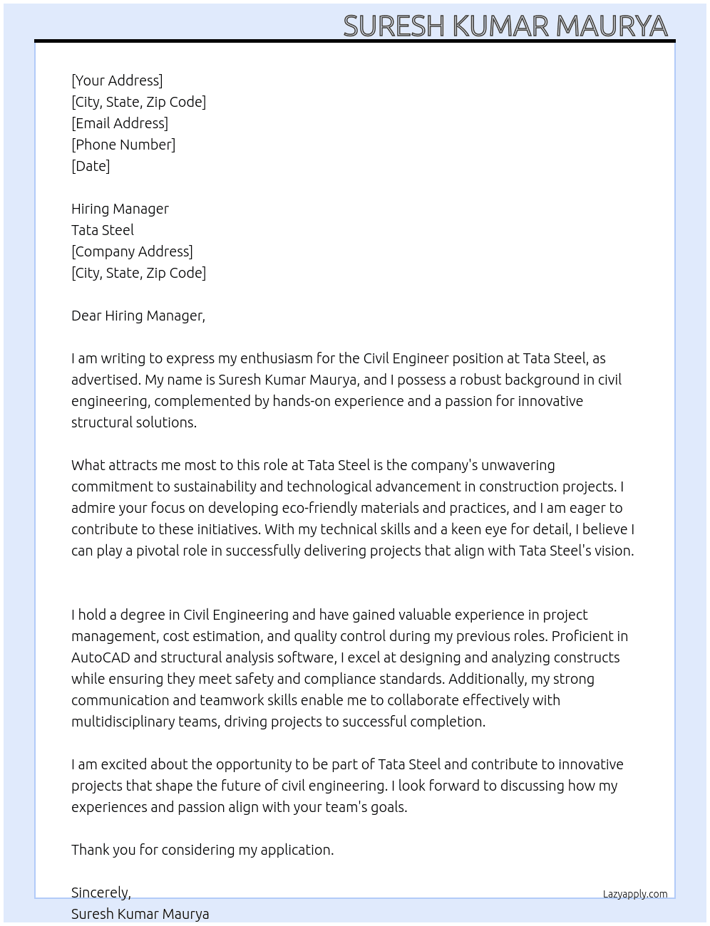 Civil engineer At Tata steel  Cover Letter