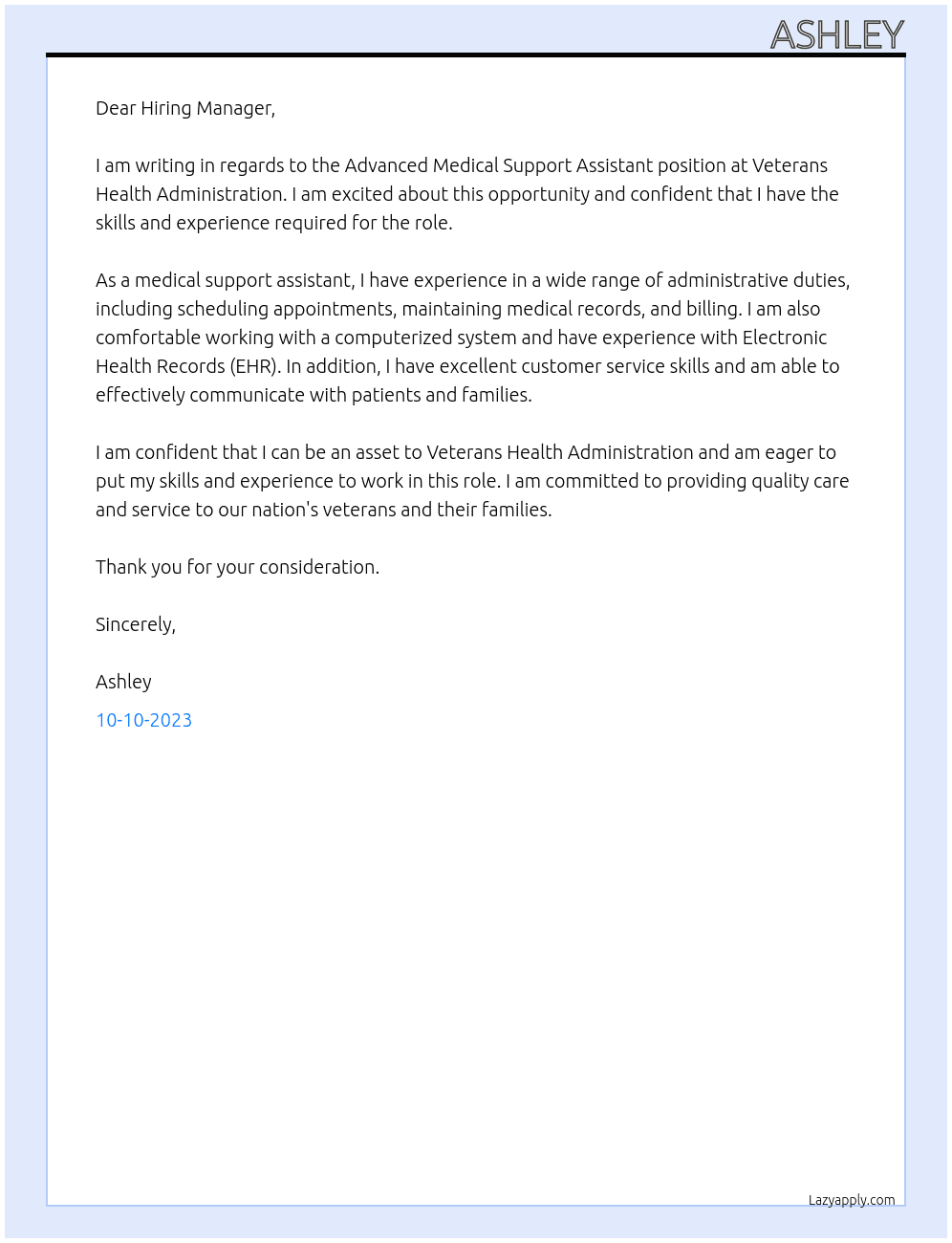 Advanced Medical Support Assistant At Veterans  Health Administration  Cover Letter
