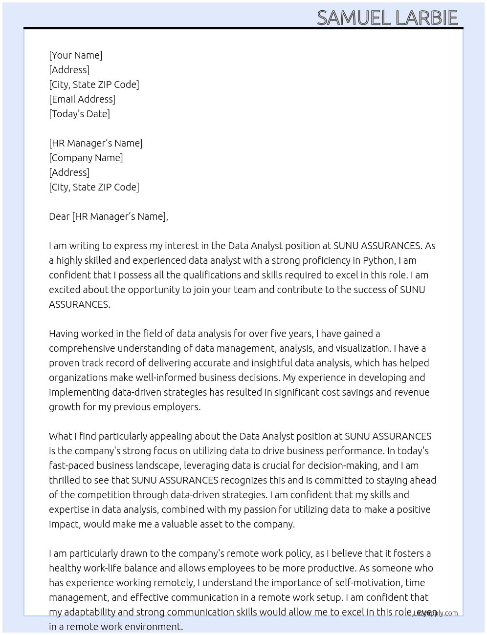 Dats analyst  At SUNU ASSURANCES  Cover Letter