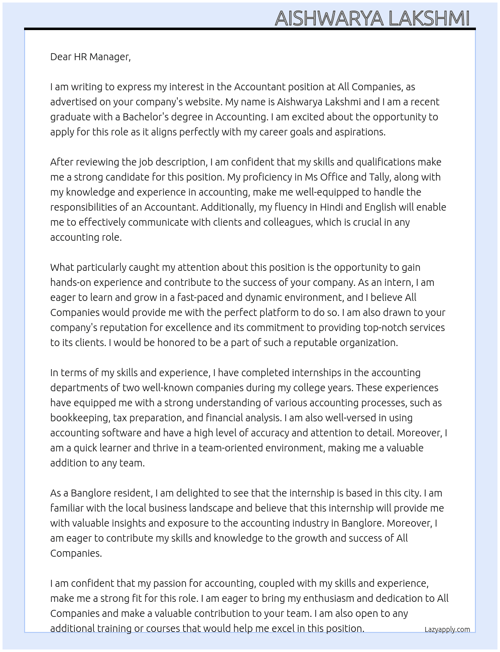 Accountant At All Companies  Cover Letter