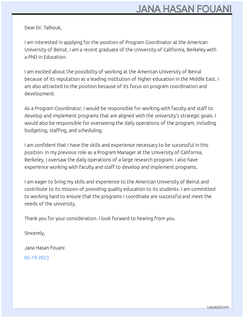 Program coordinator  At American University of Beirut  Cover Letter