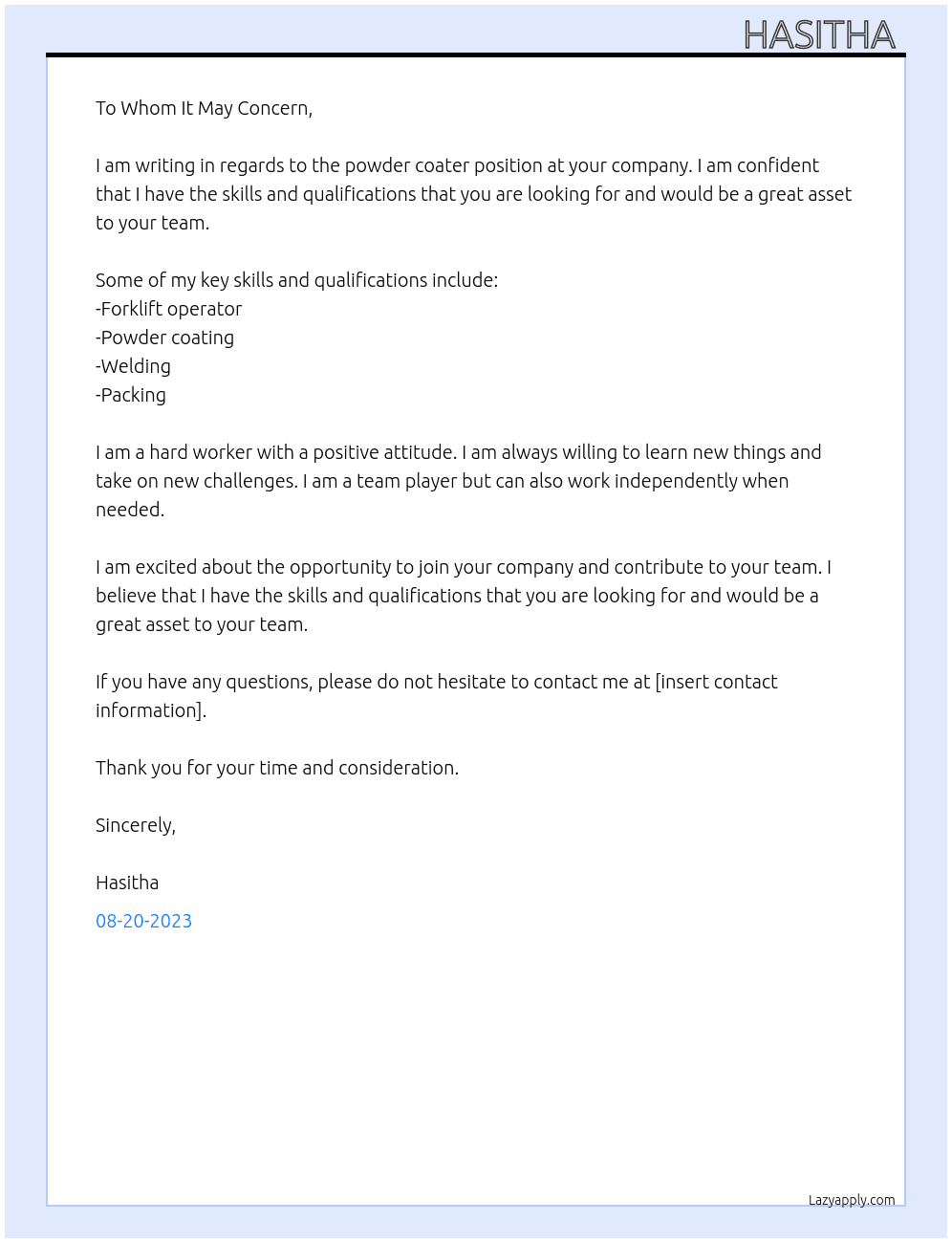 powder coater At your Cover Letter