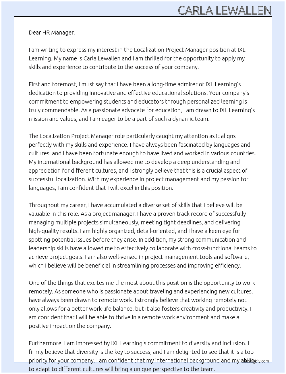 Localization Project Manager At IXL Learning Cover Letter