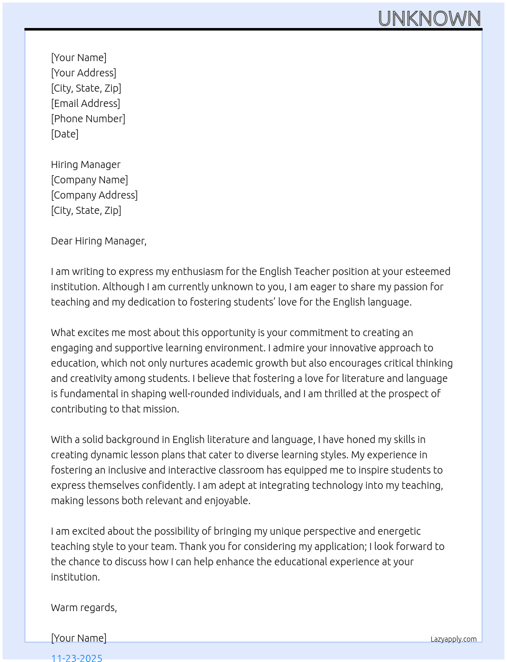 English Teacher At Unknown Cover Letter
