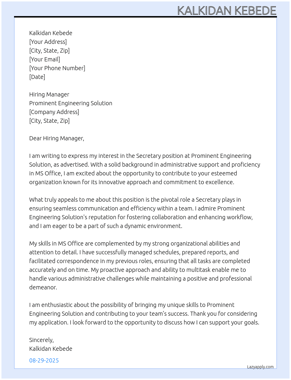 Secretary  At Prominent Engineering Solution  Cover Letter