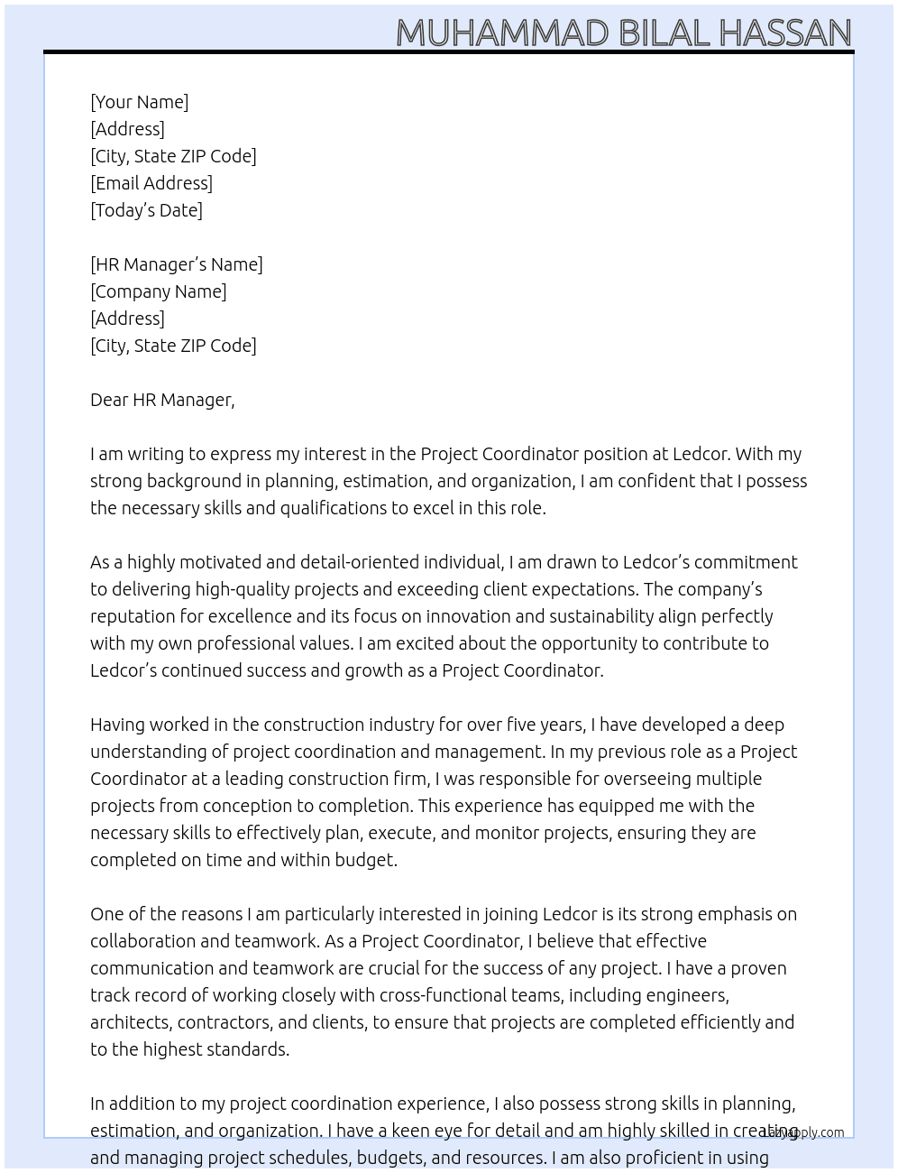 Project Coordinator At Ledcor Cover Letter
