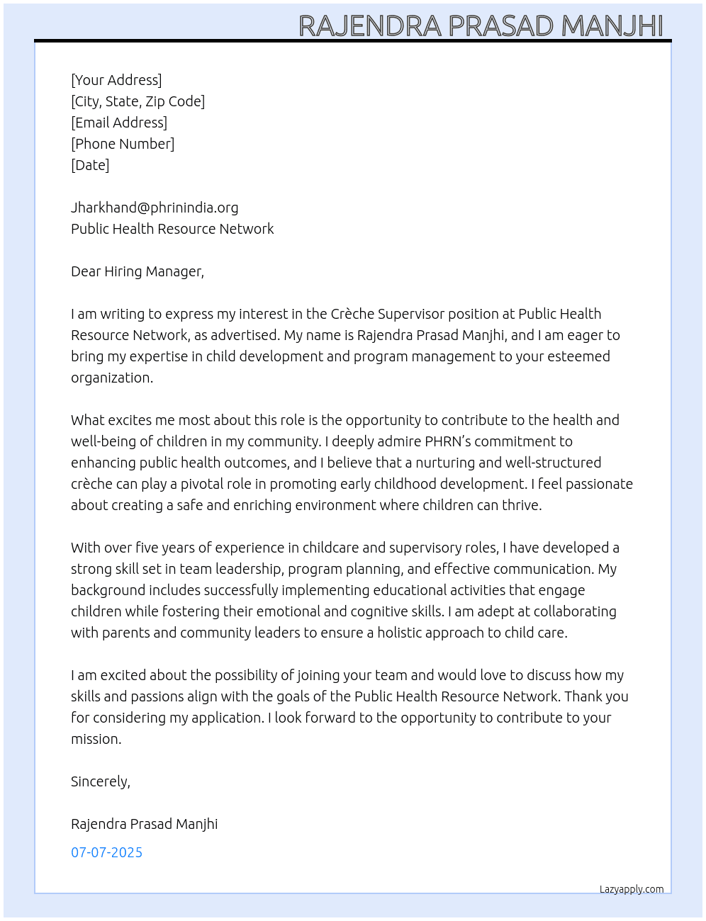 CRÈCHE SUPERVISOR  At PUBLIC HEALTH RESOURCE NETWORK  Cover Letter