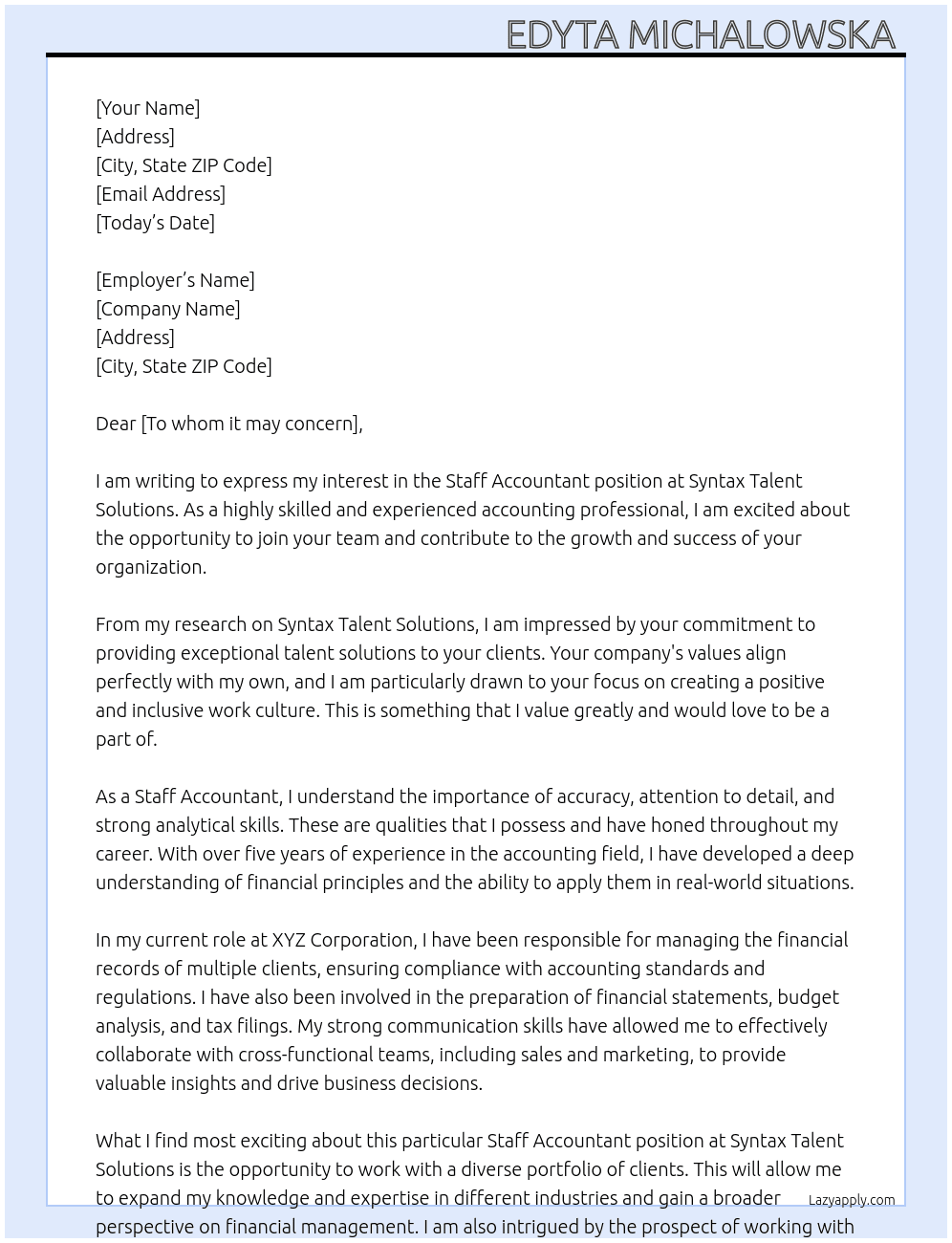 Staff Accountant  At Syntax Talent Solutions Cover Letter