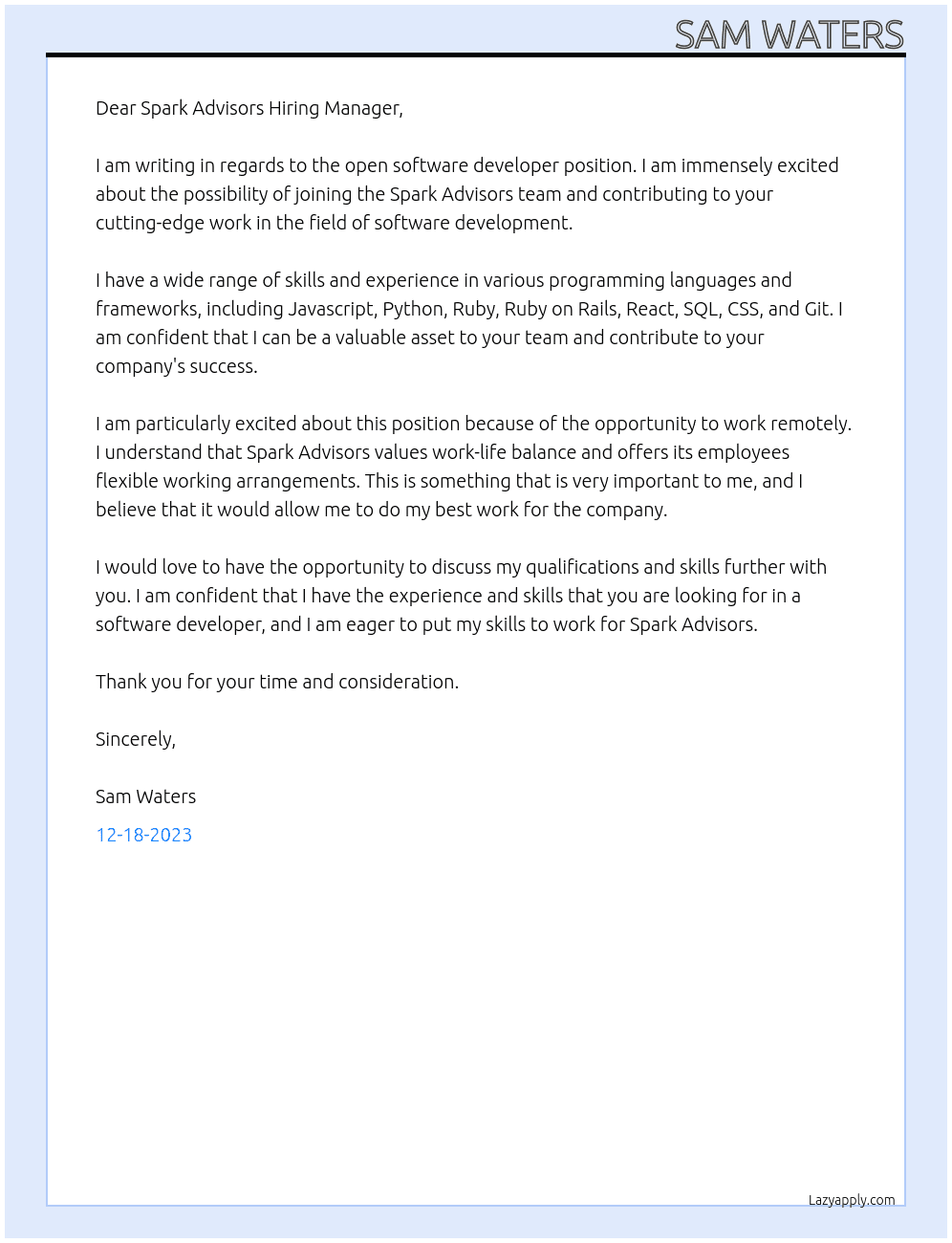 Software Developer At Spark Advisors Cover Letter