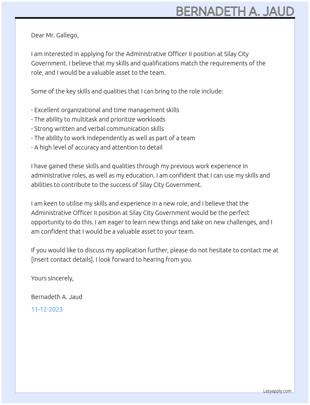 Administrative officer II At Silay City Government Cover Letter