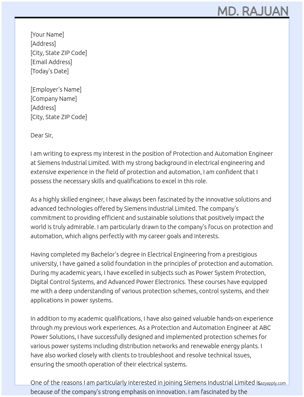 protection and automation engineer At Siemens Industrial Limited Cover Letter