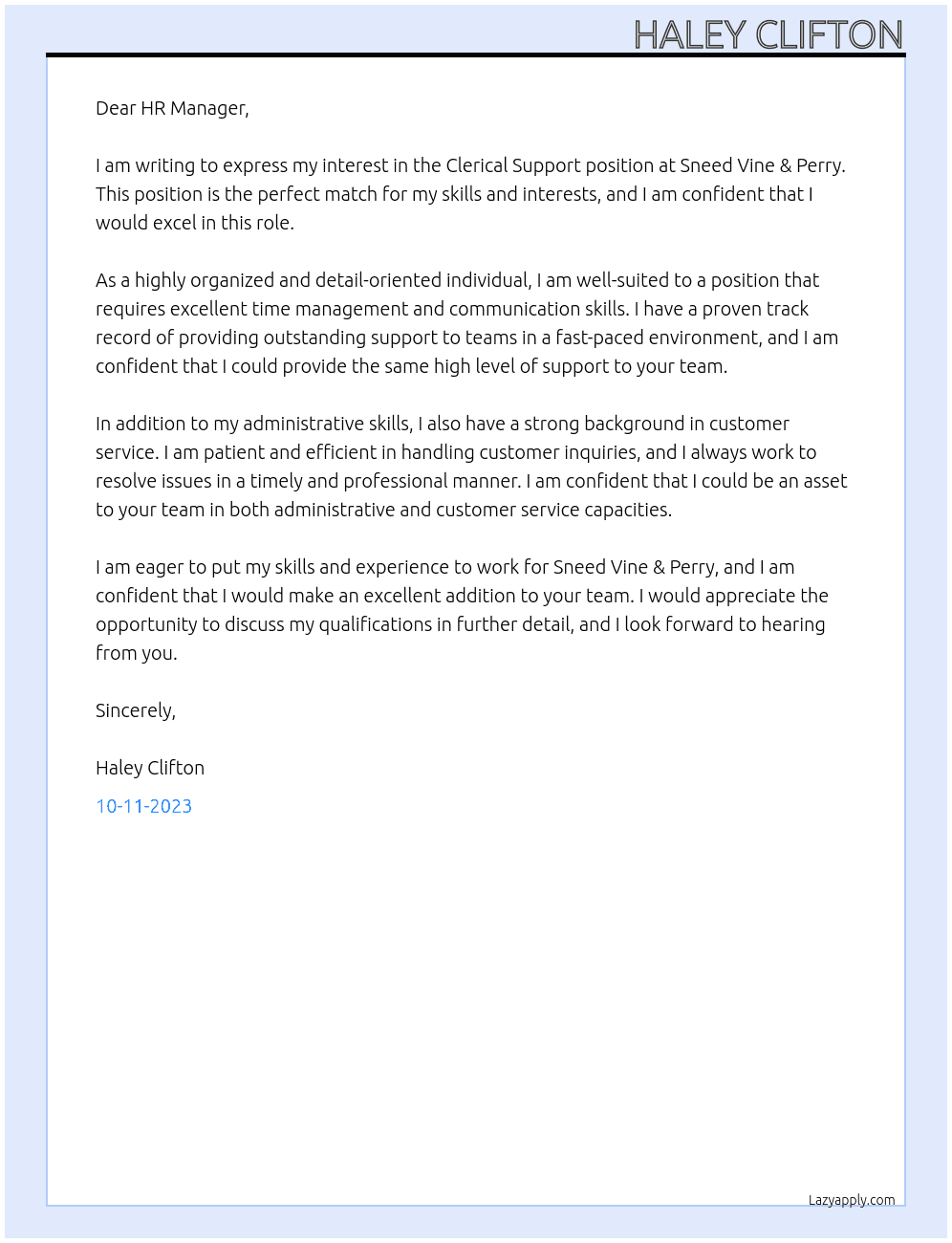 Clerical Support At Sneed Vine & Perry Cover Letter
