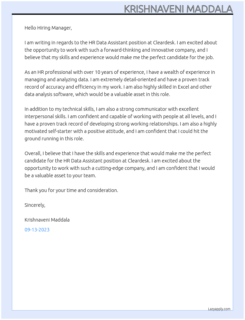 HR DATA ASSISTANT  At Cleardesk Cover Letter