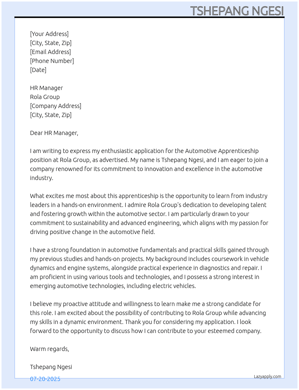 Automotive apprenticeship  At Rola group  Cover Letter
