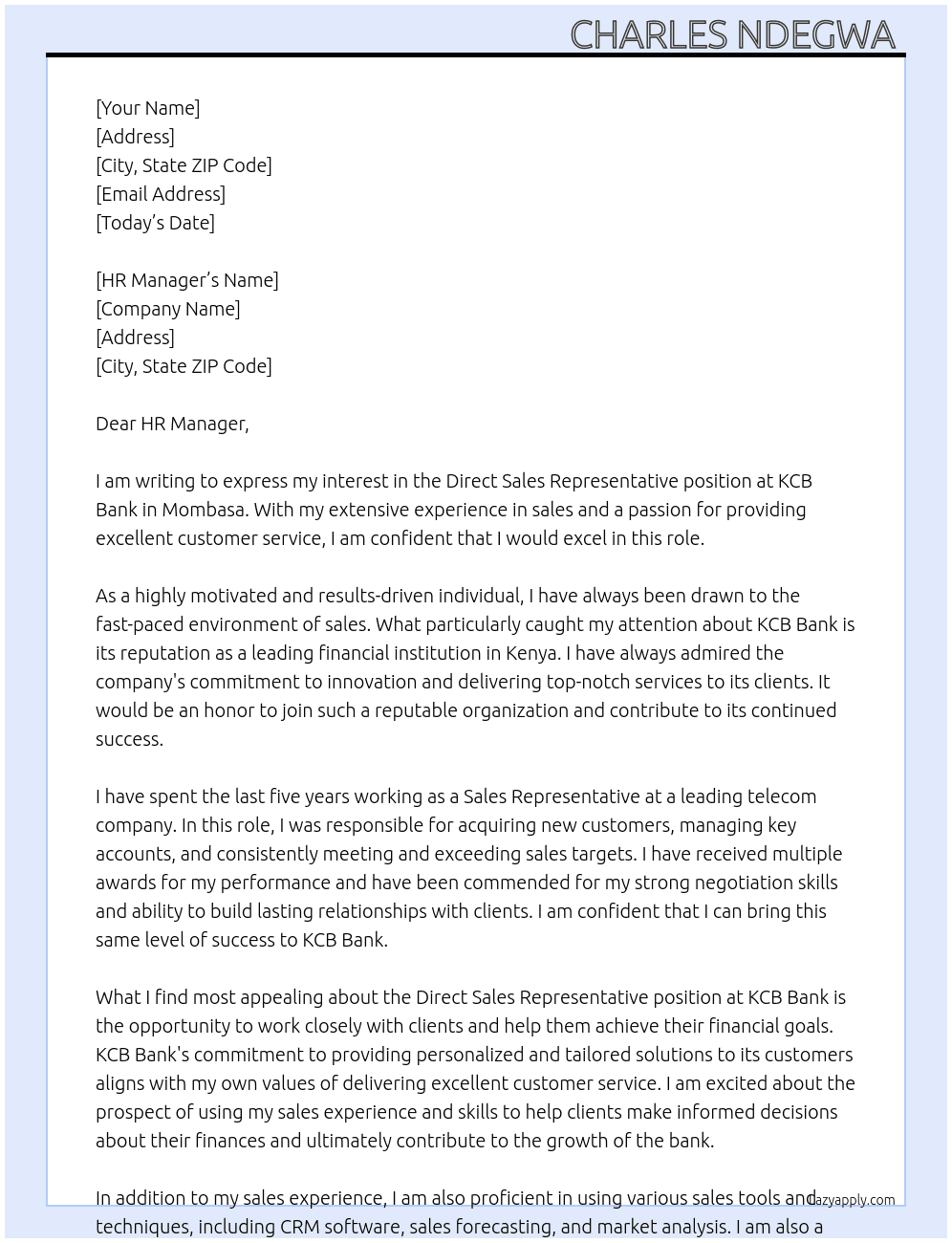 direct sales Representative  At KCB BANK Cover Letter