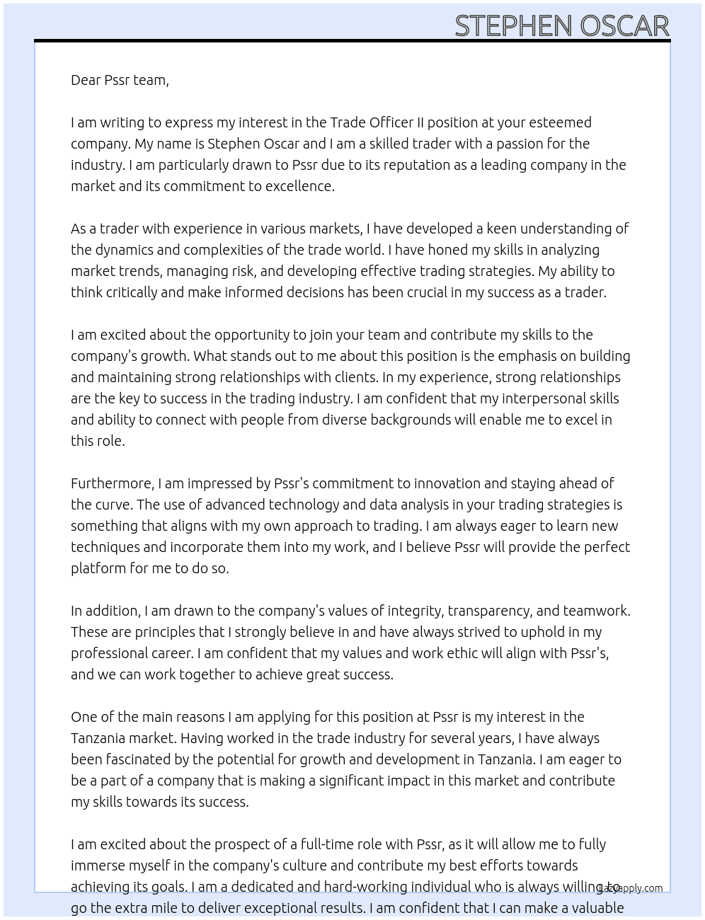 Trade officer II At Pssr Cover Letter