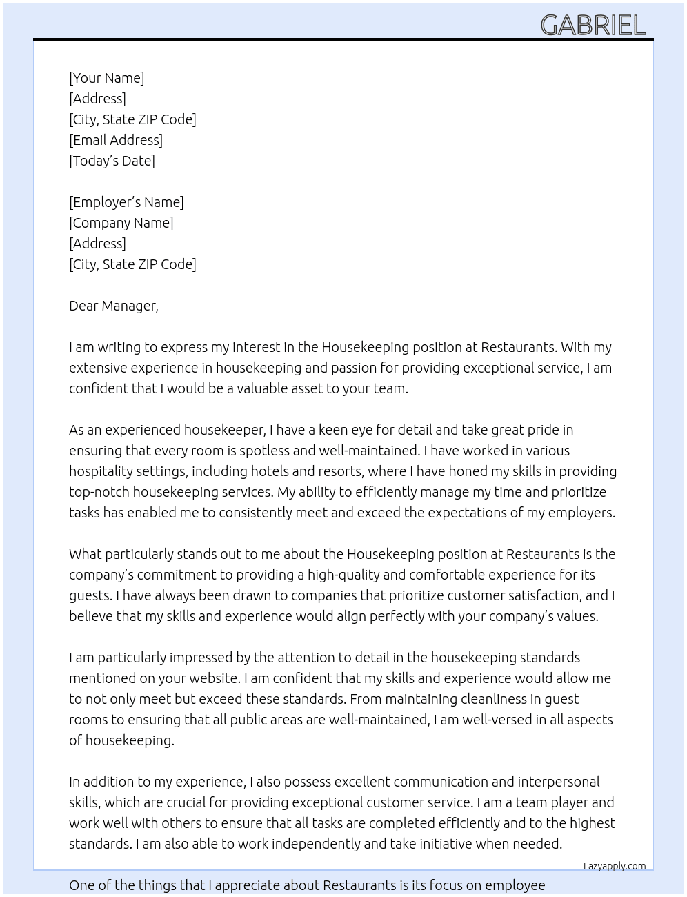 Housekeeping  At Restaurants  Cover Letter