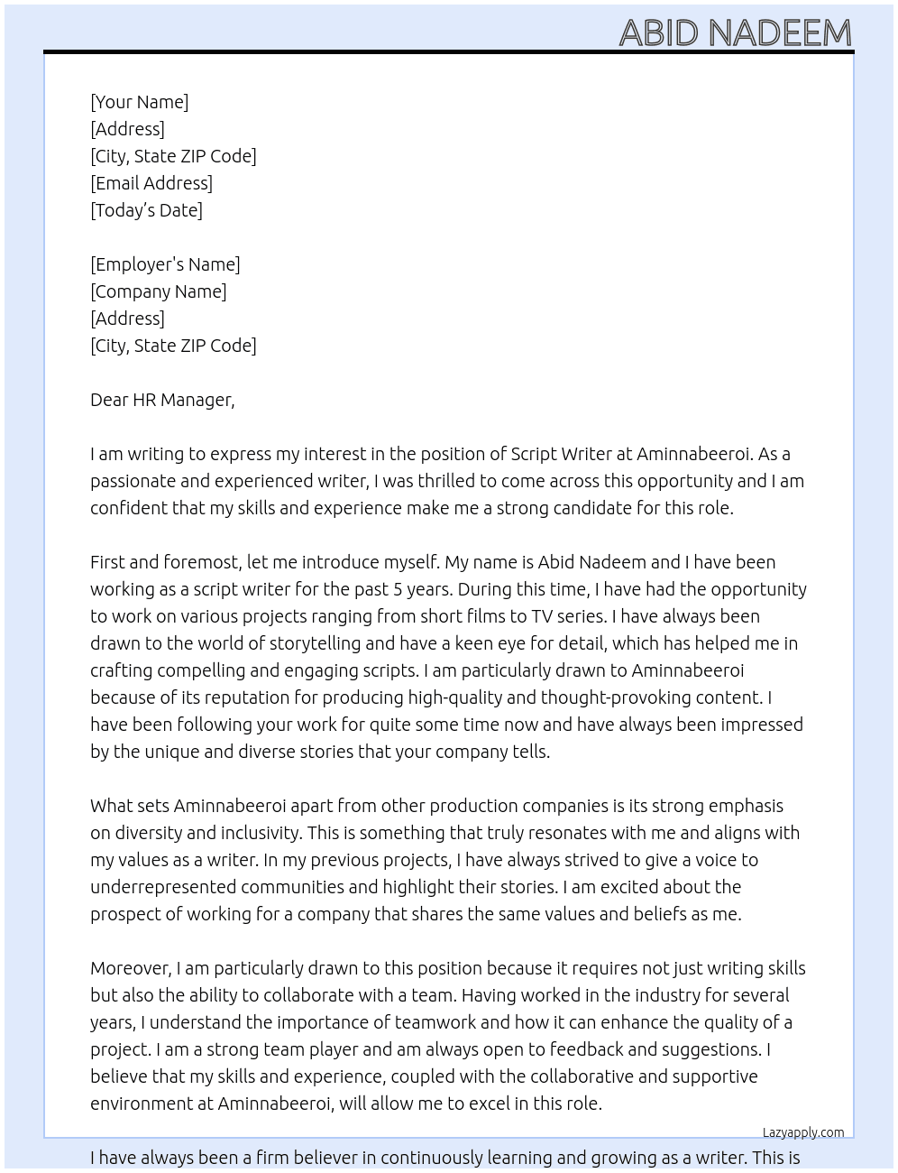 script writer At aminnabeeroi Cover Letter