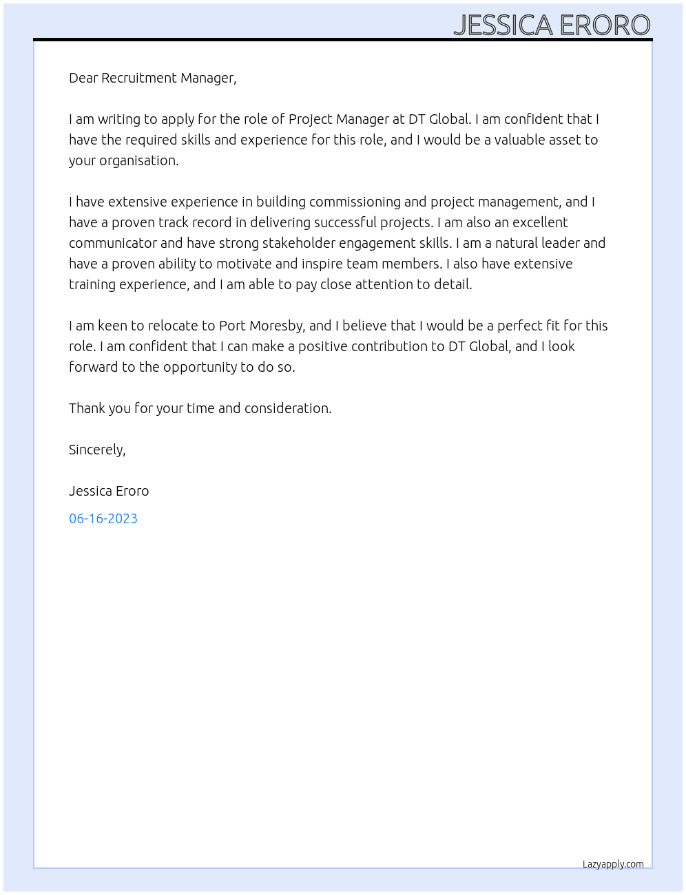 project manager At DT Global Cover Letter