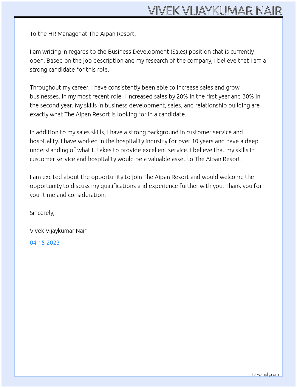 Business Development (Sales) At The Aipan Resort Cover Letter
