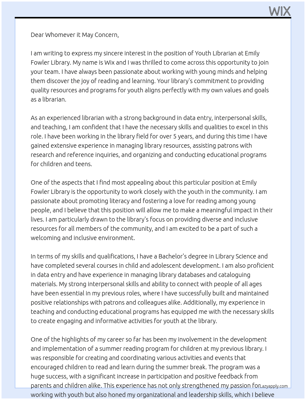 youth librarian At Emily Fowler Library Cover Letter