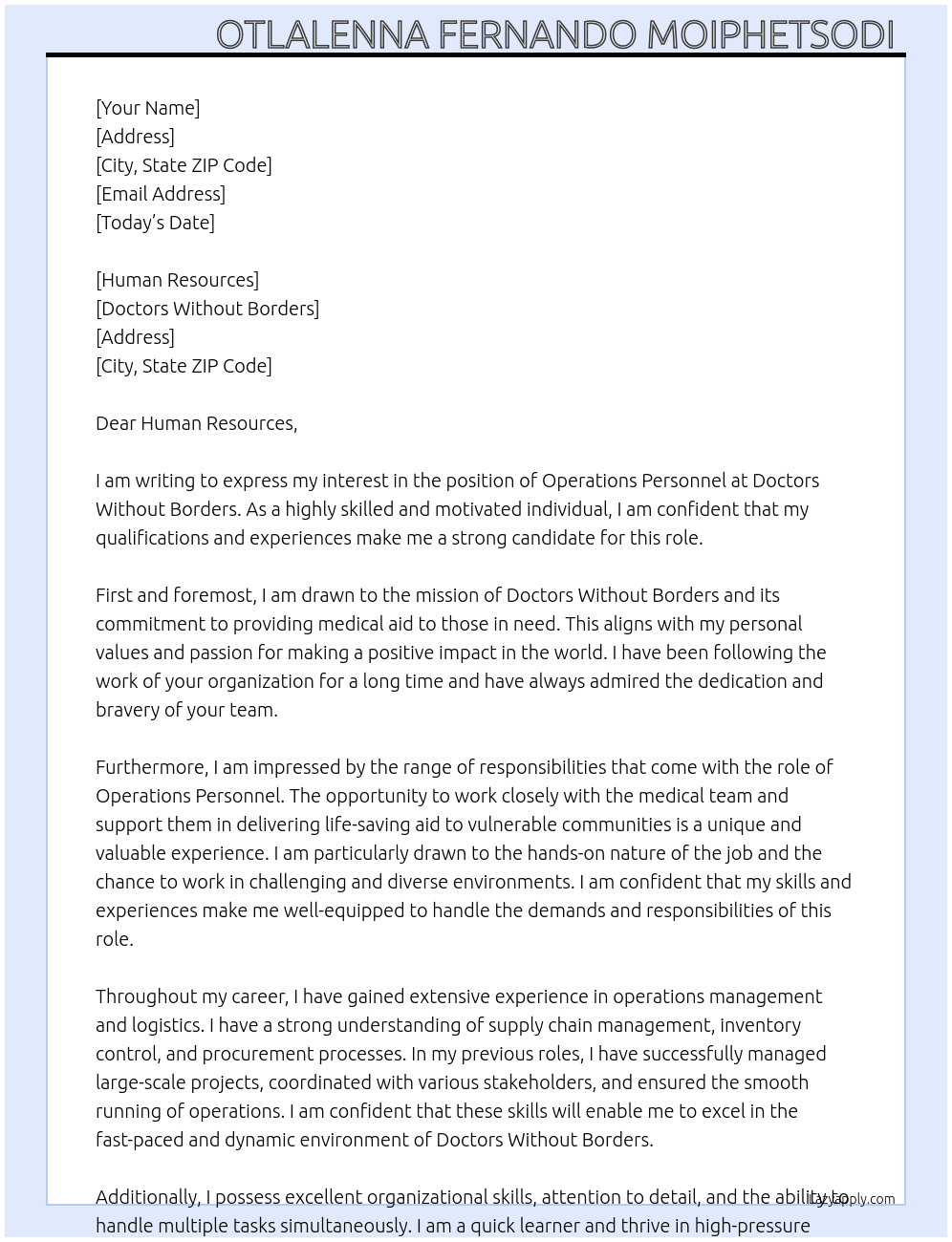 Operations personnel  At Doctors Without Borders  Cover Letter