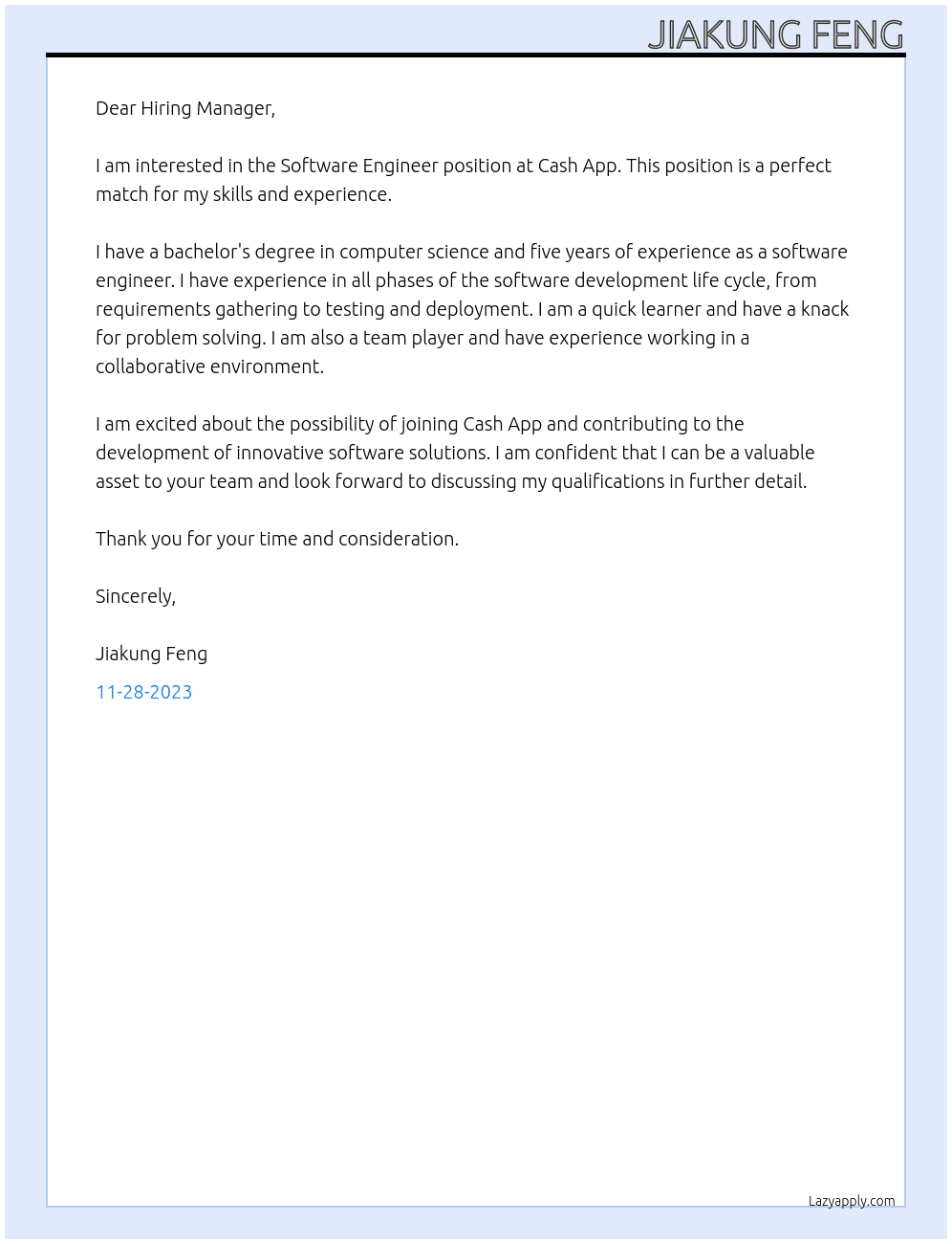 Software Engineer At Cash App Cover Letter