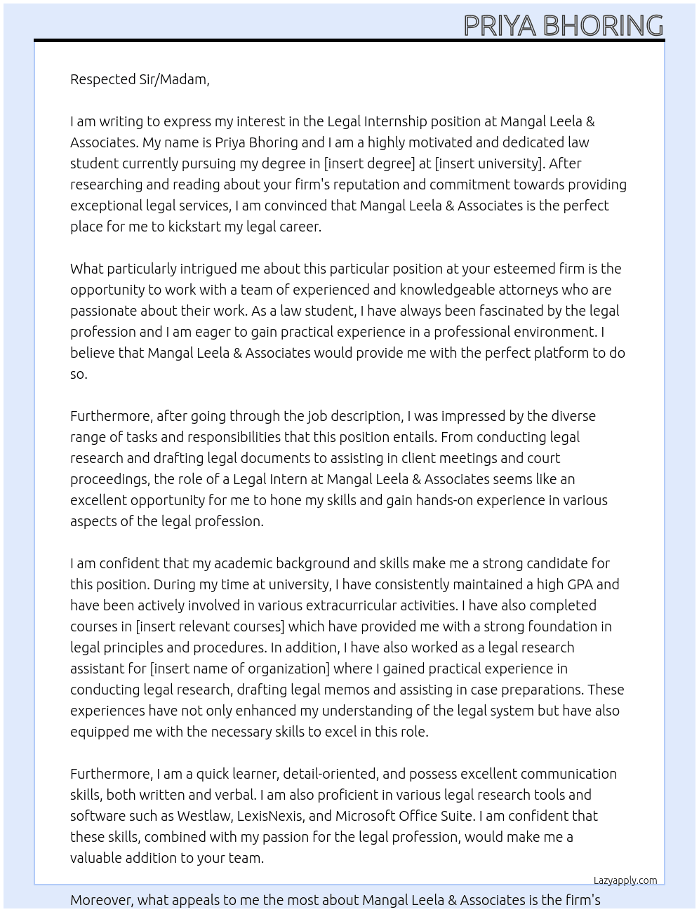 Legal Internship At Mangal Leela & Associates Cover Letter