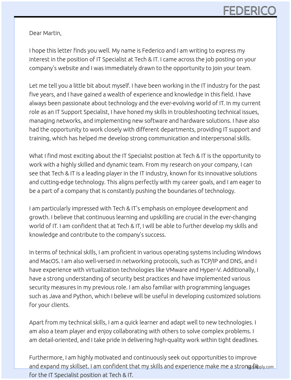 IT Specialist At Tech & IT Cover Letter