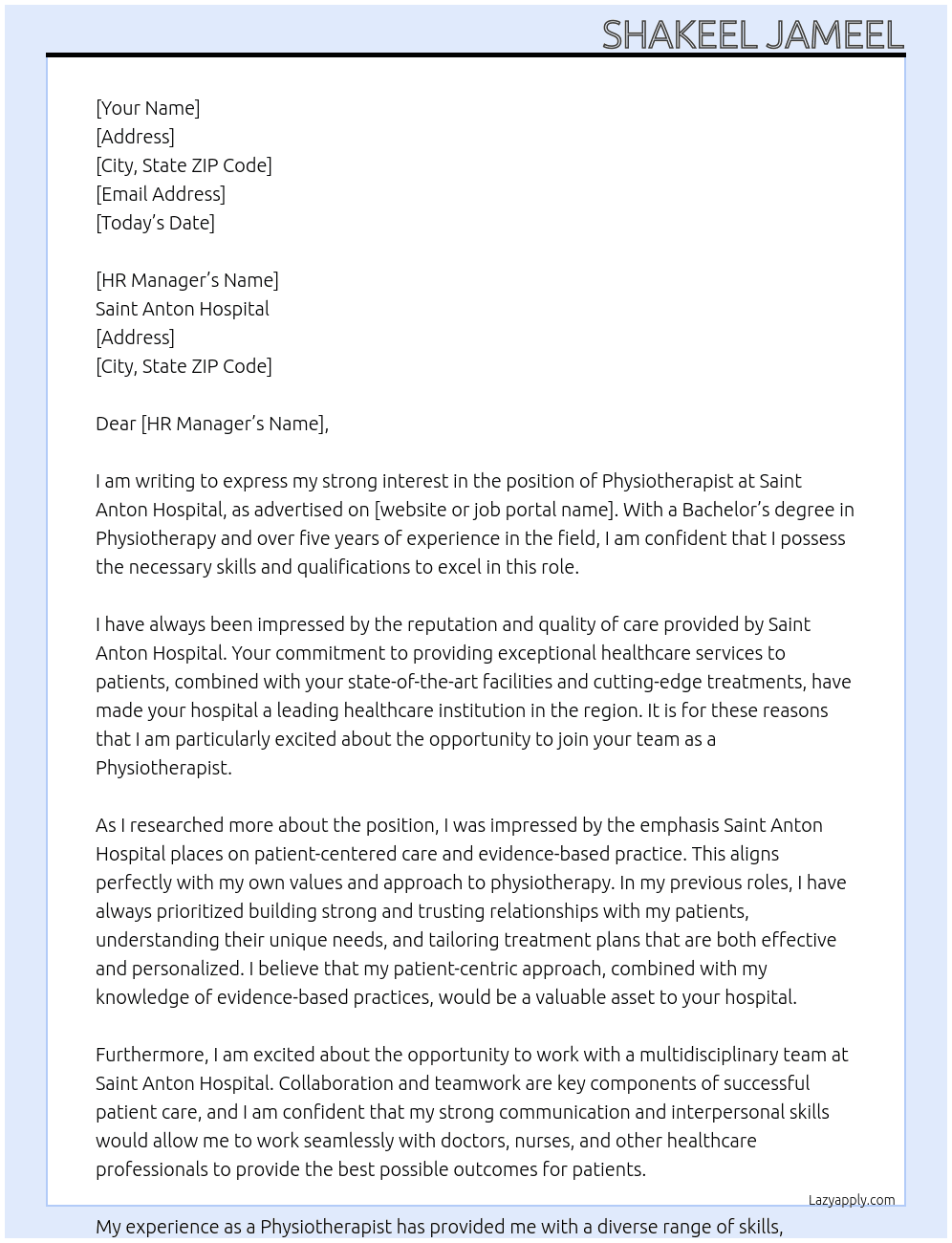 Physiotherapist At Saint Anton Hospital Cover Letter