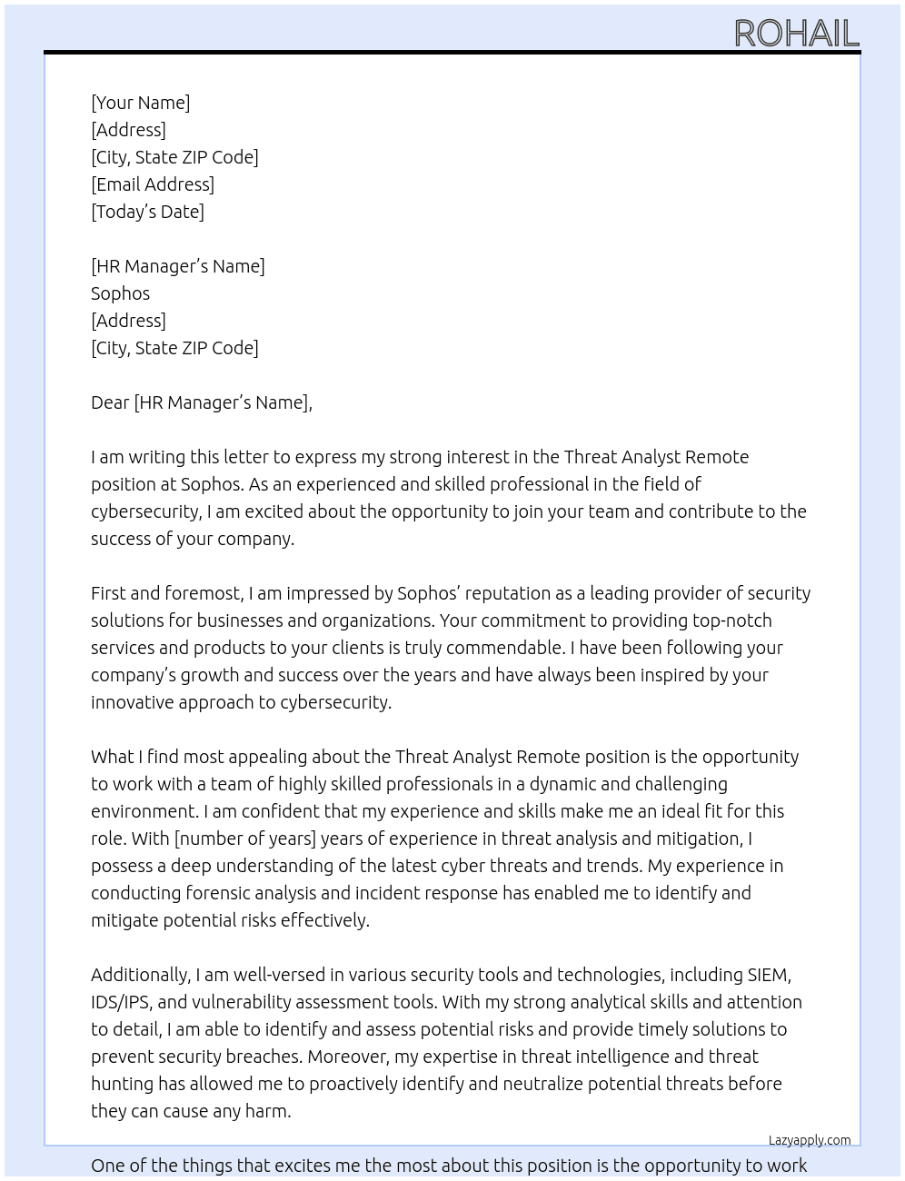 Threat Analyst Remote At Sophos Cover Letter